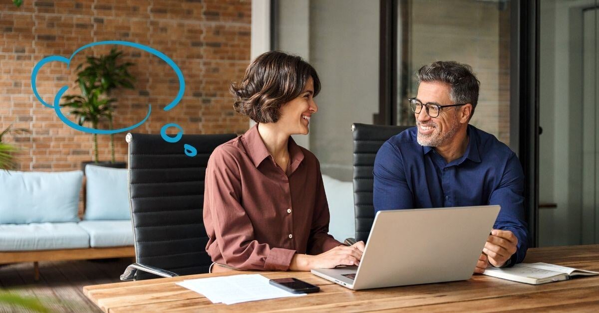 A man and woman talking to one another with a blue thought bubble